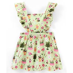Babyhug 100% Cotton Knitted Floral Printed Frock with Half Sleeves Inner Tee - Green