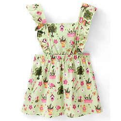 Babyhug 100% Cotton Knitted Floral Printed Frock with Half Sleeves Inner Tee - Green
