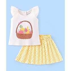 Babyhug 100% Cotton Knit Cap Sleeves Top & Skirt Set with Bow Applique Fruit Basket Print - White & Yellow