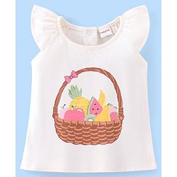 Babyhug 100% Cotton Knit Cap Sleeves Top & Skirt Set with Bow Applique Fruit Basket Print - White & Yellow