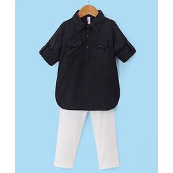 Babyhug 100% Cotton Full Sleeves Pathani Kurta & Pyjama Set Solid- Black & White