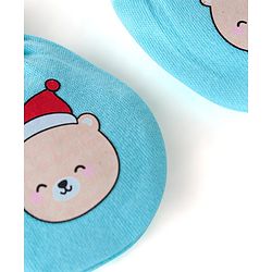 Babyhug 100% Cotton Knit Cap Mittens & Booties Teddy Print - Blue