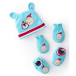 Babyhug 100% Cotton Knit Cap Mittens & Booties Teddy Print - Blue