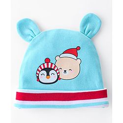 Babyhug 100% Cotton Knit Cap Mittens & Booties Teddy Print - Blue