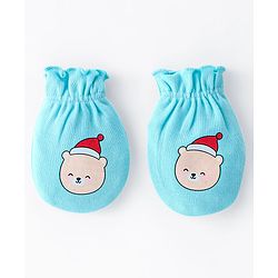 Babyhug 100% Cotton Knit Cap Mittens & Booties Teddy Print - Blue