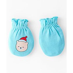 Babyhug 100% Cotton Knit Cap Mittens & Booties Teddy Print - Blue