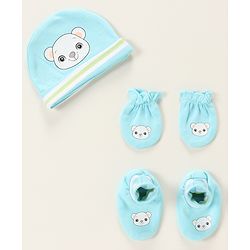Babyhug 100% Cotton Cap Mittens & Booties Bear Print- Blue Cap Diameter- 10 Cm, Mittens Dim- 9.5 Cm, Booties Dim- 10.5 Cm, No of Pcs- 5, Size- 0-3M