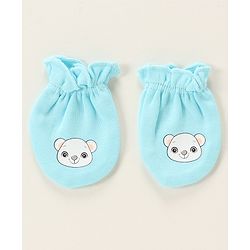 Babyhug 100% Cotton Cap Mittens & Booties Bear Print- Blue Cap Diameter- 10 Cm, Mittens Dim- 9.5 Cm, Booties Dim- 10.5 Cm, No of Pcs- 5, Size- 0-3M