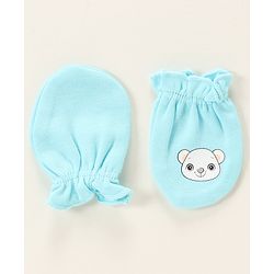 Babyhug 100% Cotton Cap Mittens & Booties Bear Print- Blue Cap Diameter- 10 Cm, Mittens Dim- 9.5 Cm, Booties Dim- 10.5 Cm, No of Pcs- 5, Size- 0-3M