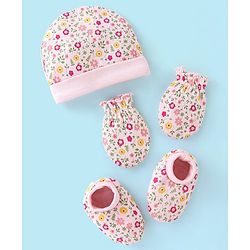 Babyhug 100% Cotton Cap Mittens And Booties Floral Print - Pink
