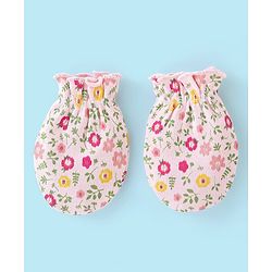 Babyhug 100% Cotton Cap Mittens And Booties Floral Print - Pink