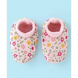 Babyhug 100% Cotton Cap Mittens And Booties Floral Print - Pink