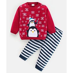 Babyhug Knit Full Sleeves Sweater Set Penguin Design - Red & Navy Blue