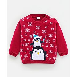Babyhug Knit Full Sleeves Sweater Set Penguin Design - Red & Navy Blue
