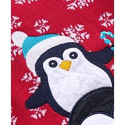 Babyhug Knit Full Sleeves Sweater Set Penguin Design - Red & Navy Blue