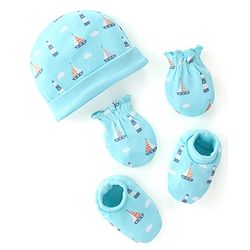 Babyhug 100% Cotton Cap Mittens & Booties Boat Print- Blue Cap Diameter- 10 Cm, Mittens Dim- 10 Cm, Booties Dim- 11 Cm, No of Pcs- 5, Size- 3-6M