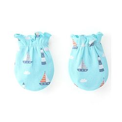 Babyhug 100% Cotton Cap Mittens & Booties Boat Print- Blue Cap Diameter- 10 Cm, Mittens Dim- 10 Cm, Booties Dim- 11 Cm, No of Pcs- 5, Size- 3-6M