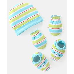 Babyhug 100% Cotton Cap Mittens & Booties Striped Blue & Green- Diameter 10.5 cm