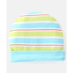 Babyhug 100% Cotton Cap Mittens & Booties Striped Blue & Green- Diameter 10.5 cm