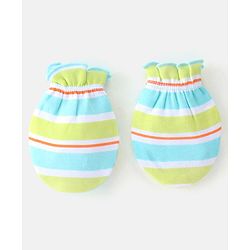Babyhug 100% Cotton Cap Mittens & Booties Striped Blue & Green- Diameter 10.5 cm