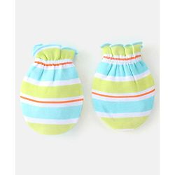 Babyhug 100% Cotton Cap Mittens & Booties Striped Blue & Green- Diameter 10.5 cm
