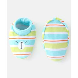 Babyhug 100% Cotton Cap Mittens & Booties Striped Blue & Green- Diameter 10.5 cm