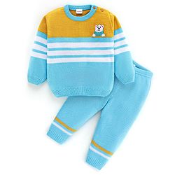 Babyhug Knit Full Sleeves Sweater Set Striped Design - Aqua Blue