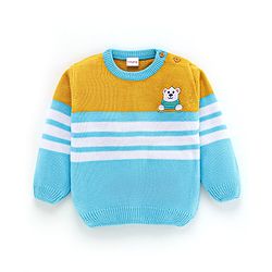 Babyhug Knit Full Sleeves Sweater Set Striped Design - Aqua Blue