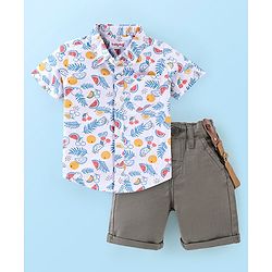 Babyhug 100% Cotton Woven Half Sleeves Shirt and Shorts Set with Suspender Fruits Print - White & Grey