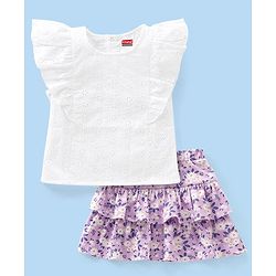 Babyhug 100% Cotton Frill Sleeves Schiffli Top & Skirt with Bow Applique Floral Print - White & Lilac