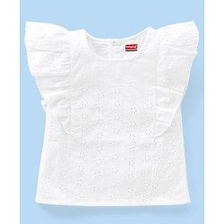 Babyhug 100% Cotton Frill Sleeves Schiffli Top & Skirt with Bow Applique Floral Print - White & Lilac