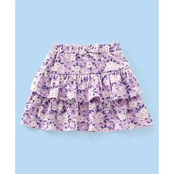 Babyhug 100% Cotton Frill Sleeves Schiffli Top & Skirt with Bow Applique Floral Print - White & Lilac