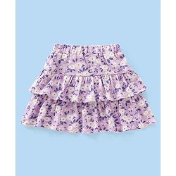 Babyhug 100% Cotton Frill Sleeves Schiffli Top & Skirt with Bow Applique Floral Print - White & Lilac