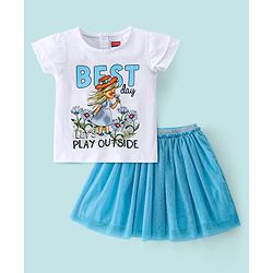 Babyhug 100% Cotton Half Sleeves Top and Skirt Text Printed - White & Blue