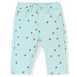 Babyhug Cotton Spandex Woven Stretchable Capris with Strawberry Print - Mint