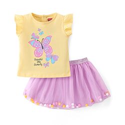 Babyhug 100% Cotton Half Sleeves Top and Skirt Butterfly Printed - Yellow & Lilac