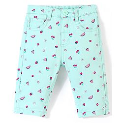 Babyhug Twill Woven Stretchable Capri With Fruits Print - Mint