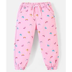 Babyhug Cotton Denim Full Length Stretchable Trouser Butterfly Print - Pink
