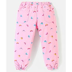 Babyhug Cotton Denim Full Length Stretchable Trouser Butterfly Print - Pink