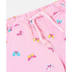 Babyhug Cotton Denim Full Length Stretchable Trouser Butterfly Print - Pink