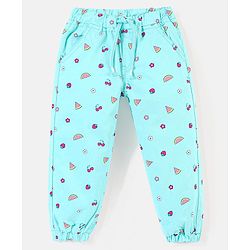 Babyhug Cotton Woven Full Length Stretchable Trouser Strawberry Print - Mint Blue