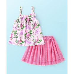 Babyhug 100% Cotton Knit Singlet Sleeves Top & Skirt Set Floral Print - Pink