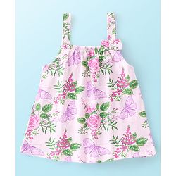 Babyhug 100% Cotton Knit Singlet Sleeves Top & Skirt Set Floral Print - Pink