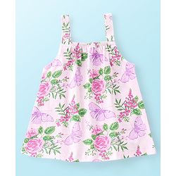 Babyhug 100% Cotton Knit Singlet Sleeves Top & Skirt Set Floral Print - Pink