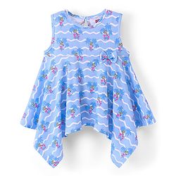 Babyhug 100% Cotton Sleeveless Knit Top With Bow Detailing Flamingo Print- Blue