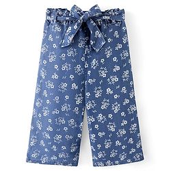 Babyhug Cotton Ankle Length Denim Culottes with Fabric Belt Floral Print - Blue