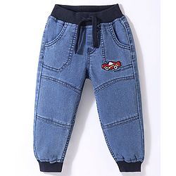 Babyhug Cotton Spandex Full Length Stretchable Washed Denim Joggers with Draw Cord - Blue
