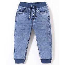Babyhug Cotton Spandex Full Length Solid Color Stretchable Washed Denim Joggers - Blue