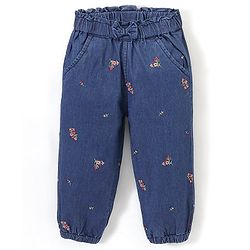 Babyhug 100% Cotton Full Length Denim Joggers with Floral Embroidery & Bow Applique - Blue