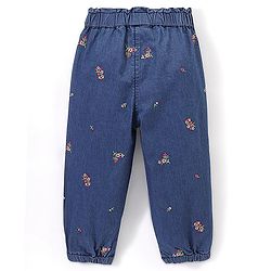 Babyhug 100% Cotton Full Length Denim Joggers with Floral Embroidery & Bow Applique - Blue